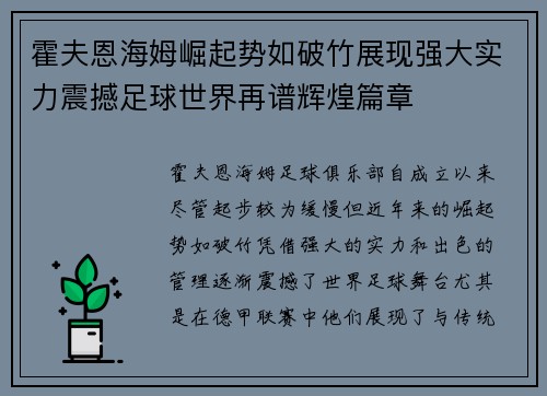 霍夫恩海姆崛起势如破竹展现强大实力震撼足球世界再谱辉煌篇章