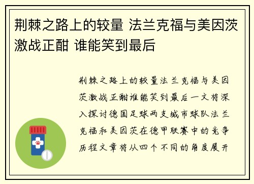 荆棘之路上的较量 法兰克福与美因茨激战正酣 谁能笑到最后