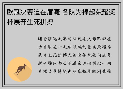 欧冠决赛迫在眉睫 各队为捧起荣耀奖杯展开生死拼搏