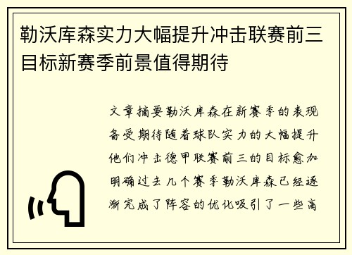 勒沃库森实力大幅提升冲击联赛前三目标新赛季前景值得期待