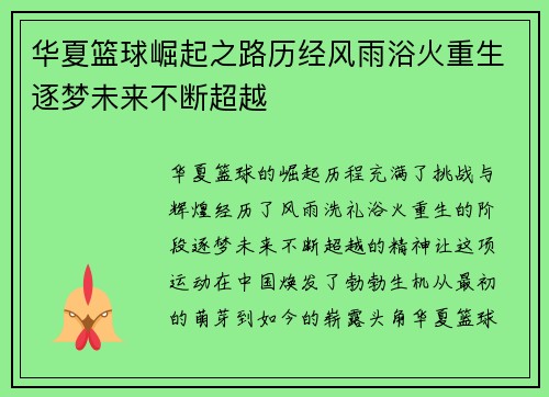 华夏篮球崛起之路历经风雨浴火重生逐梦未来不断超越