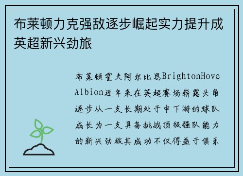 布莱顿力克强敌逐步崛起实力提升成英超新兴劲旅