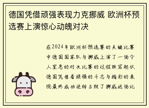 德国凭借顽强表现力克挪威 欧洲杯预选赛上演惊心动魄对决