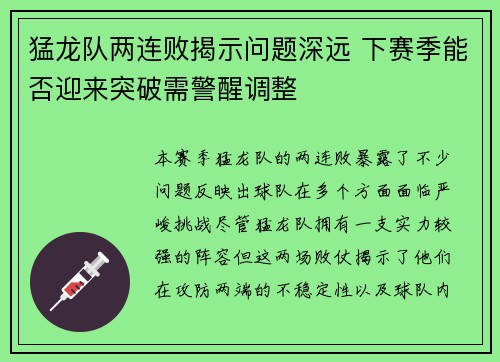 猛龙队两连败揭示问题深远 下赛季能否迎来突破需警醒调整