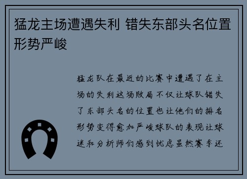 猛龙主场遭遇失利 错失东部头名位置形势严峻