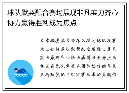 球队默契配合赛场展现非凡实力齐心协力赢得胜利成为焦点
